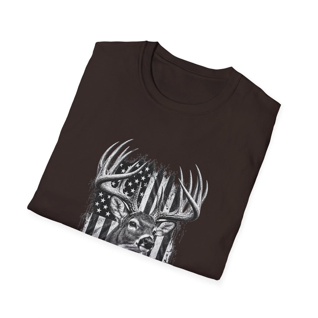 Buck Hunting T-Shirt, Distressed American Flag Deer Graphic Tee, Adult Classic Fit