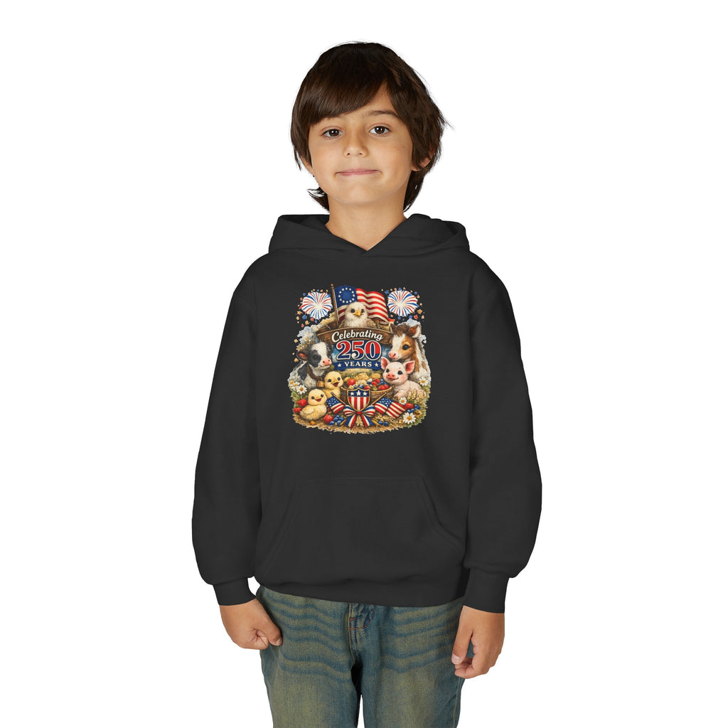 Youth 4th of July Hoodie - "Celebrate 250 Years" Cute Patriotic Animals Design