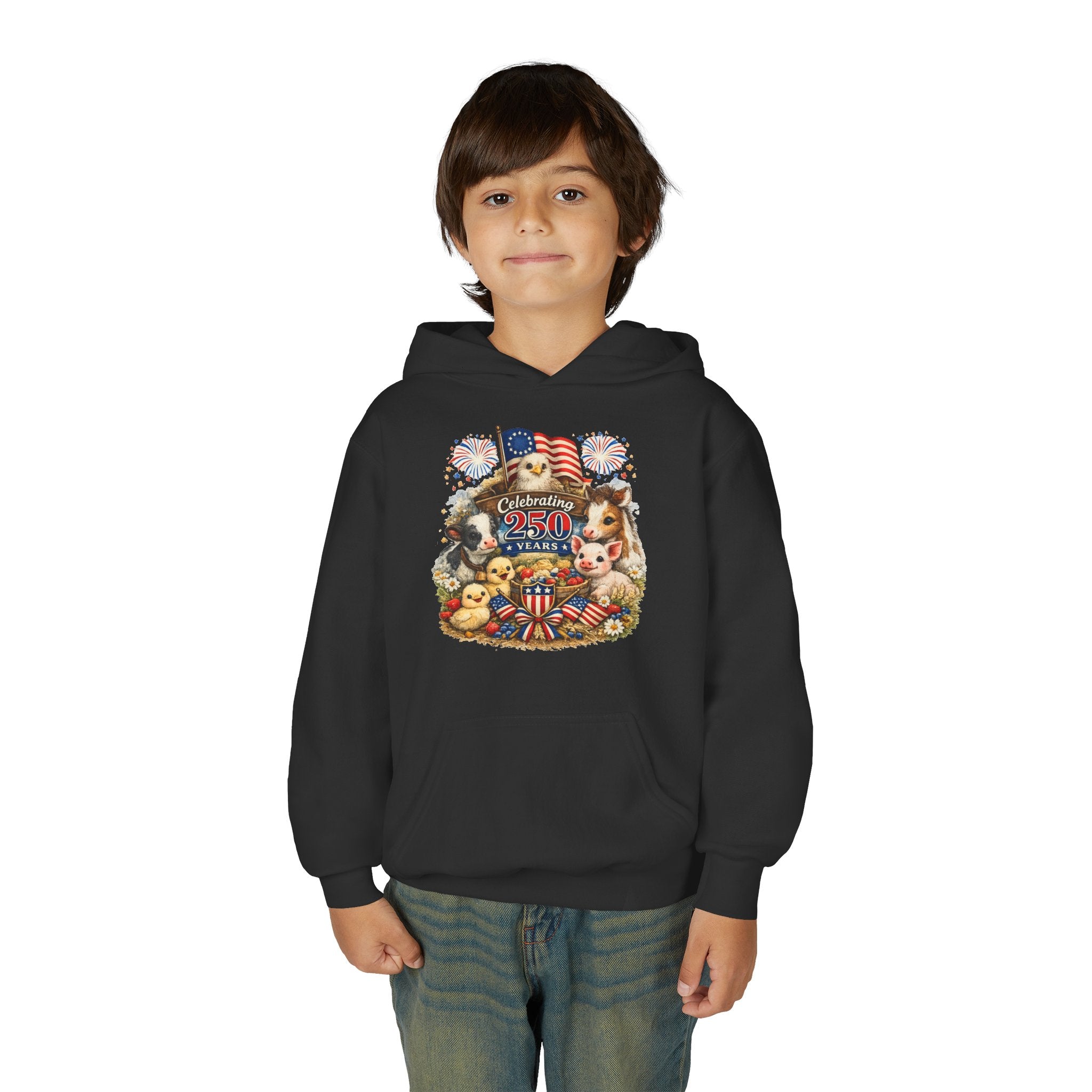 Youth 4th of July Hoodie - "Celebrate 250 Years" Cute Patriotic Animals Design