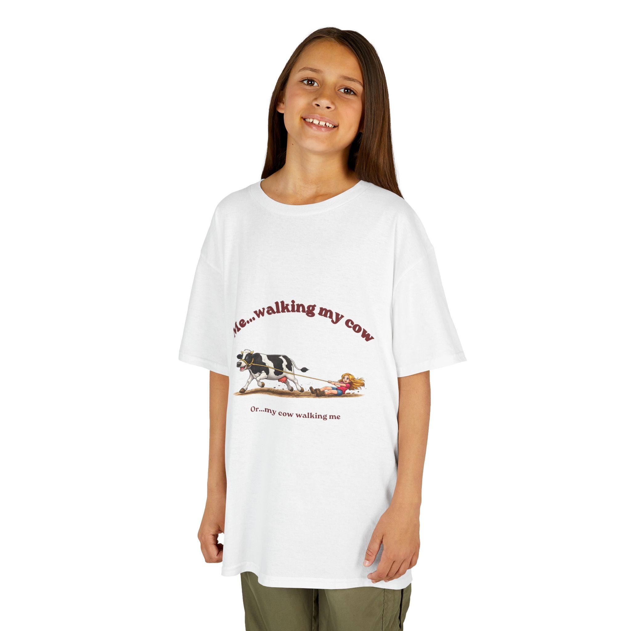 Kids T-Shirt — "Me...walking my cow" Cute Cow Walk Graphic Tee for Animal-Loving Children-girl