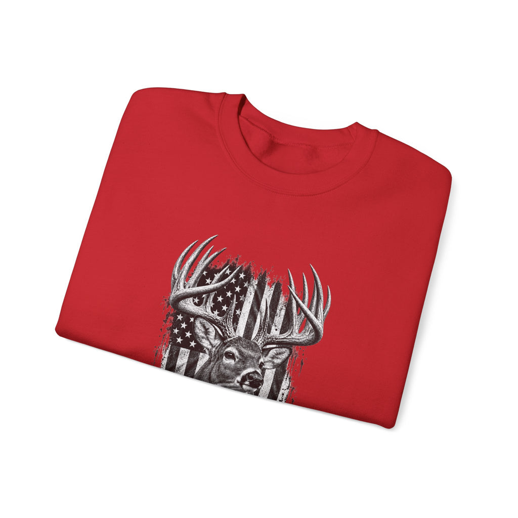 Deer Crewneck Sweatshirt with Distressed American Flag and Black and White Buck Design