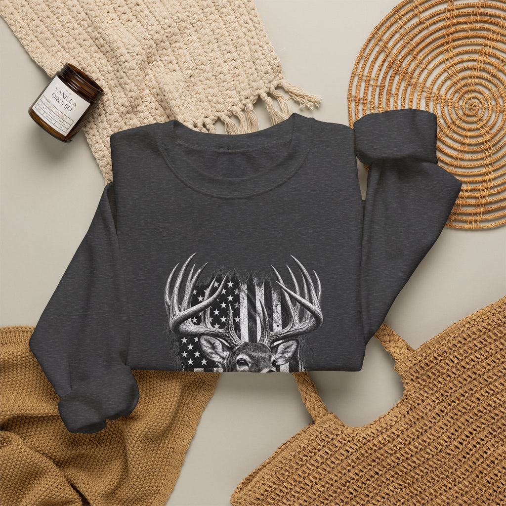 Deer Crewneck Sweatshirt with Distressed American Flag and Black and White Buck Design
