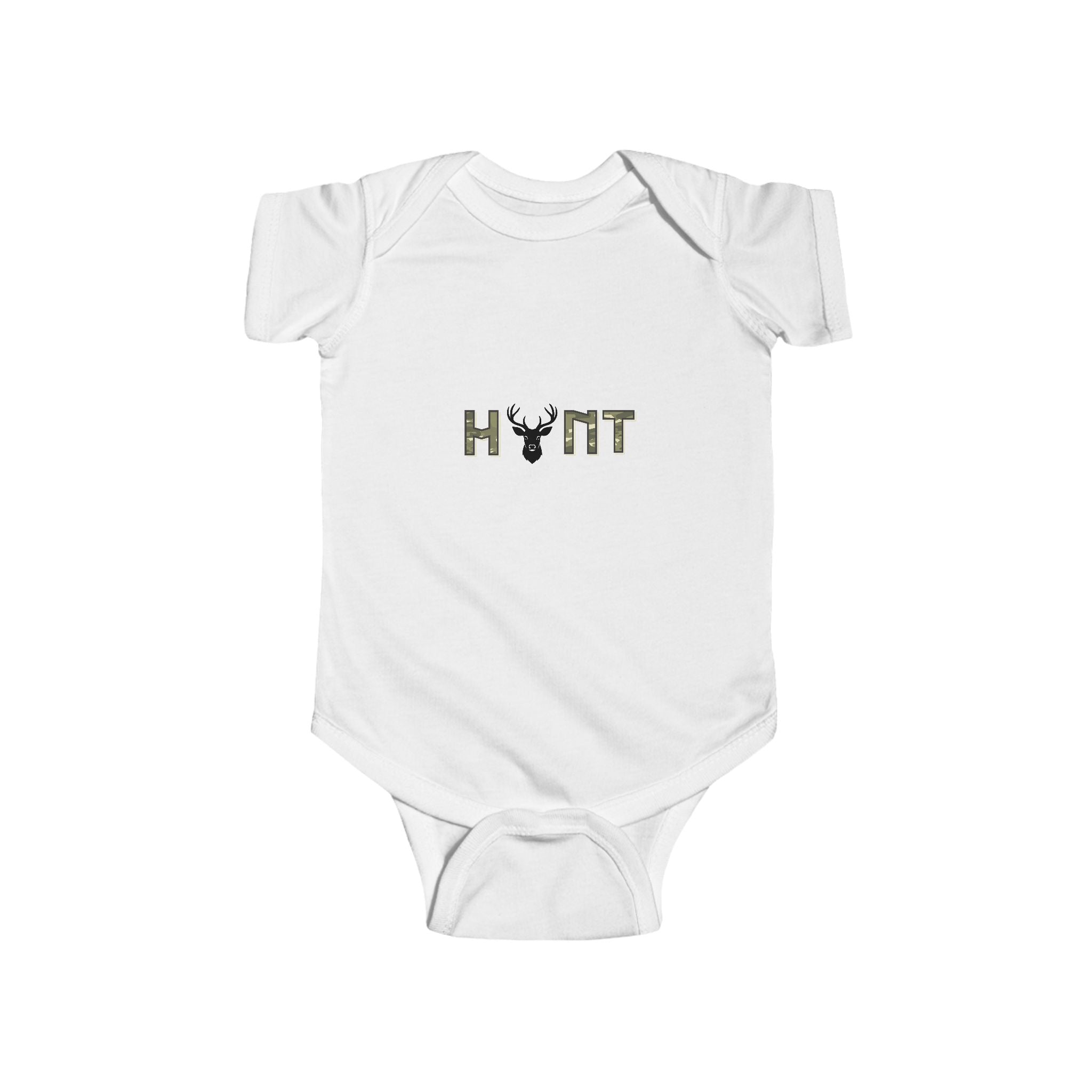 Infant Bodysuit “HUNT” Camo Deer Graphic - Baby Boy Girl Hunting Tee