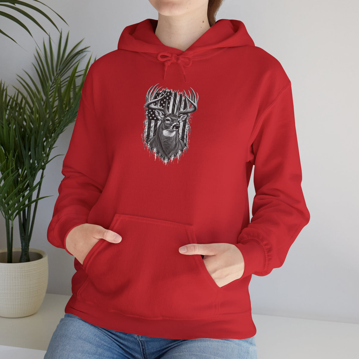 Buck Deer Hoodie with Distressed American Flag, Black Pullover Sweatshirt