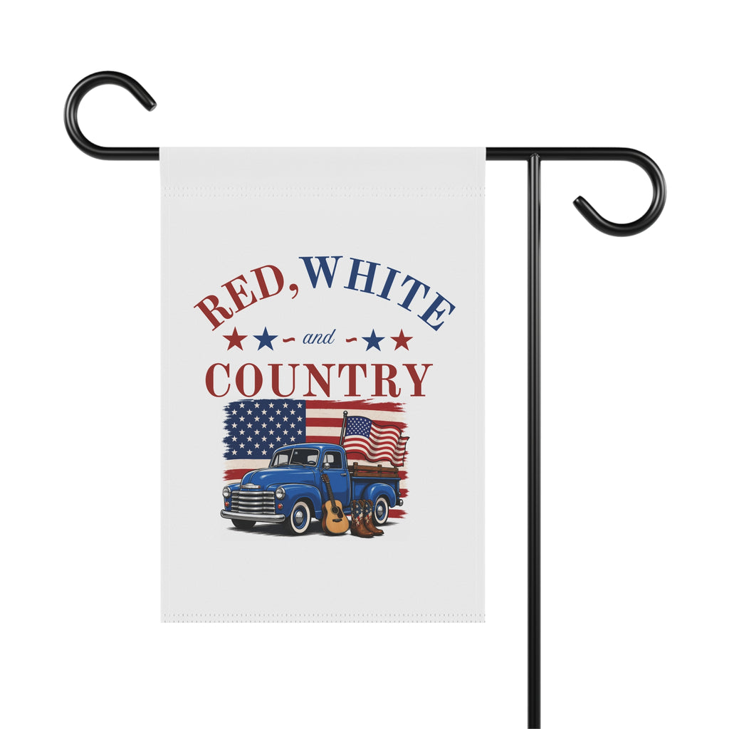 Red, White and Country Garden Flag — Patriotic Truck & Guitar House Banner