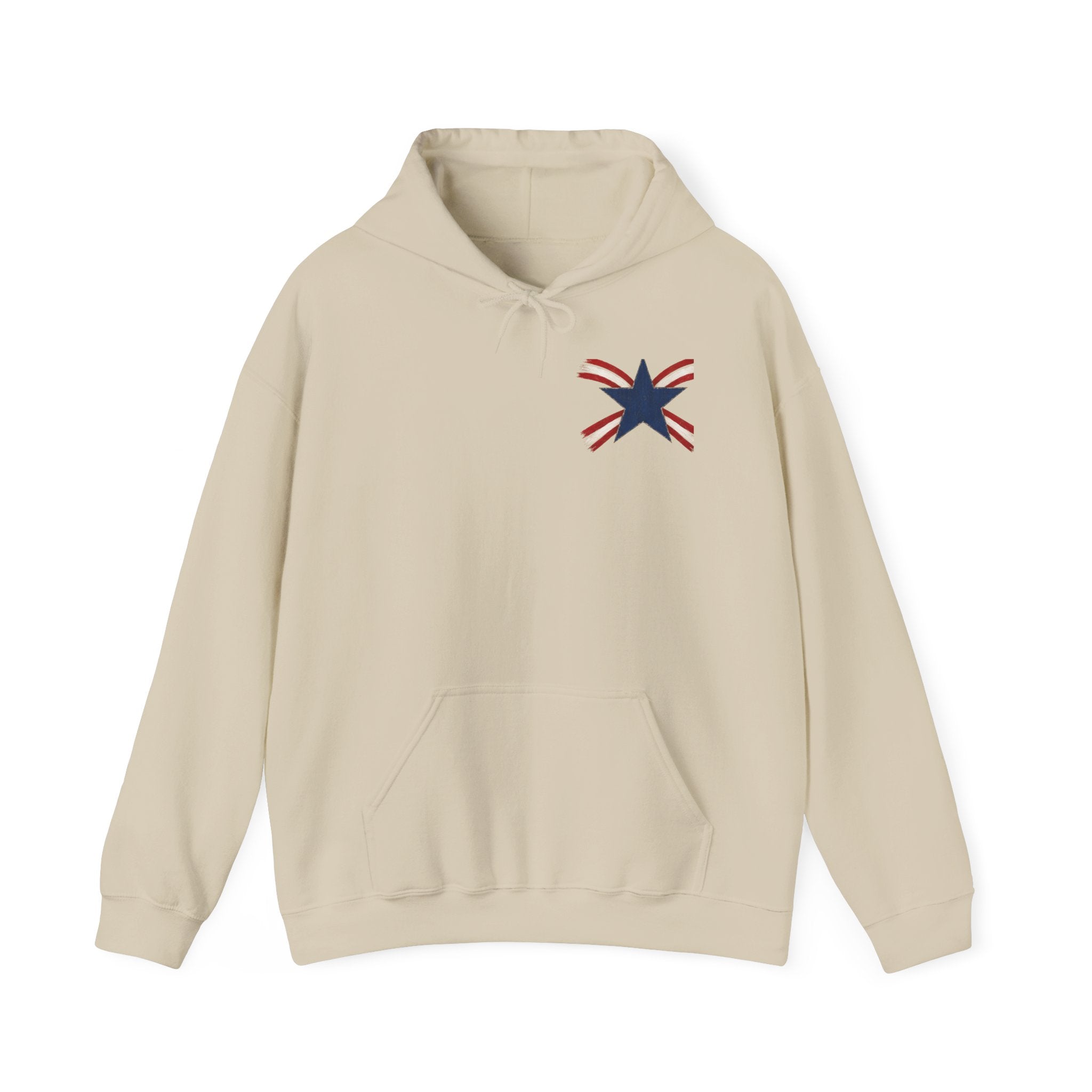 Patriotic Star & Shield Hoodie — USA Flag Graphic Pullover for 4th of July
