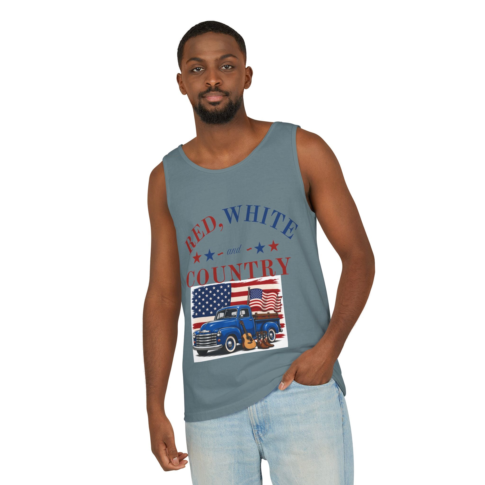 Patriotic Tank Top – "Red, White and Country" Vintage Truck | "Land of the Free" 4th of July Tank