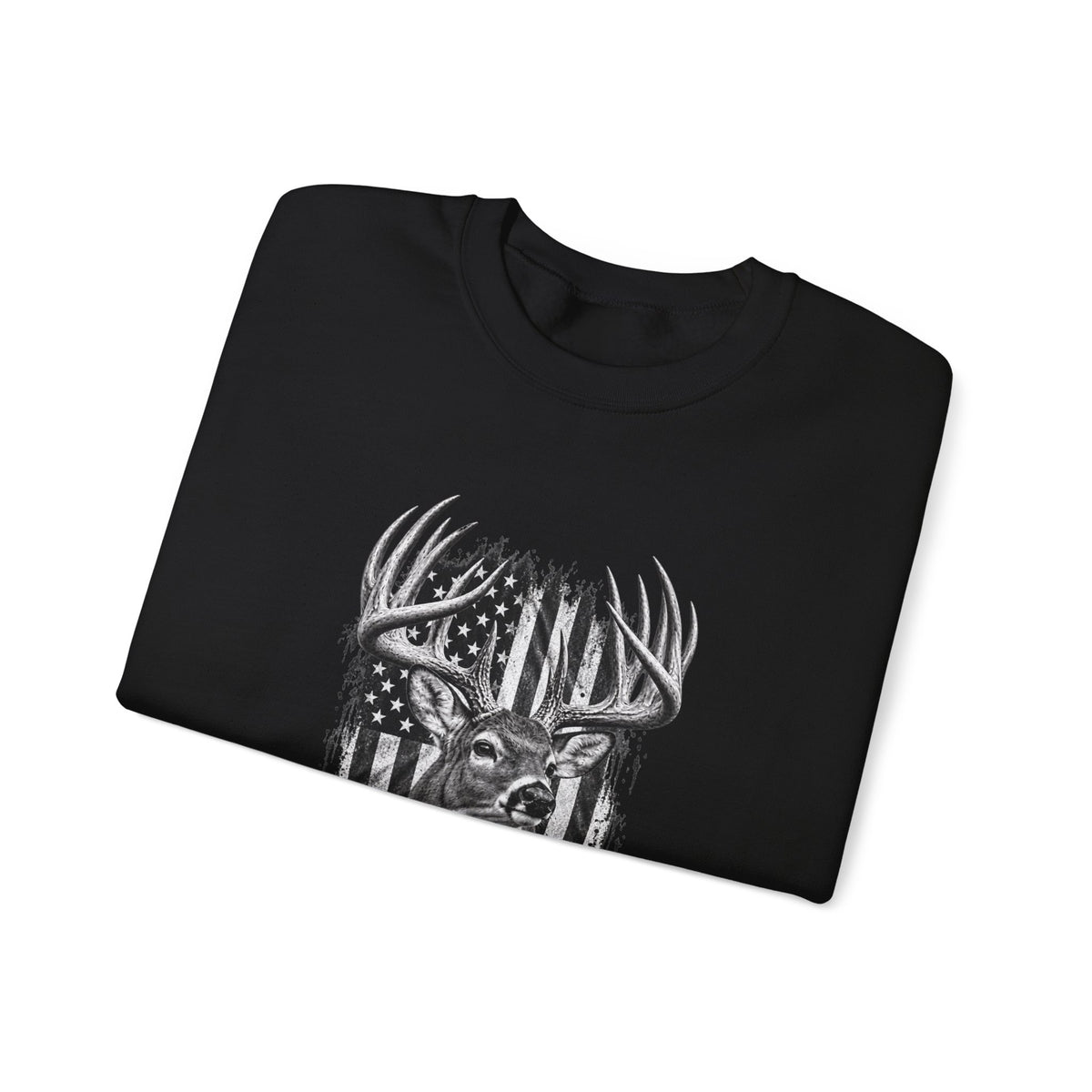 Deer Crewneck Sweatshirt with Distressed American Flag and Black and White Buck Design