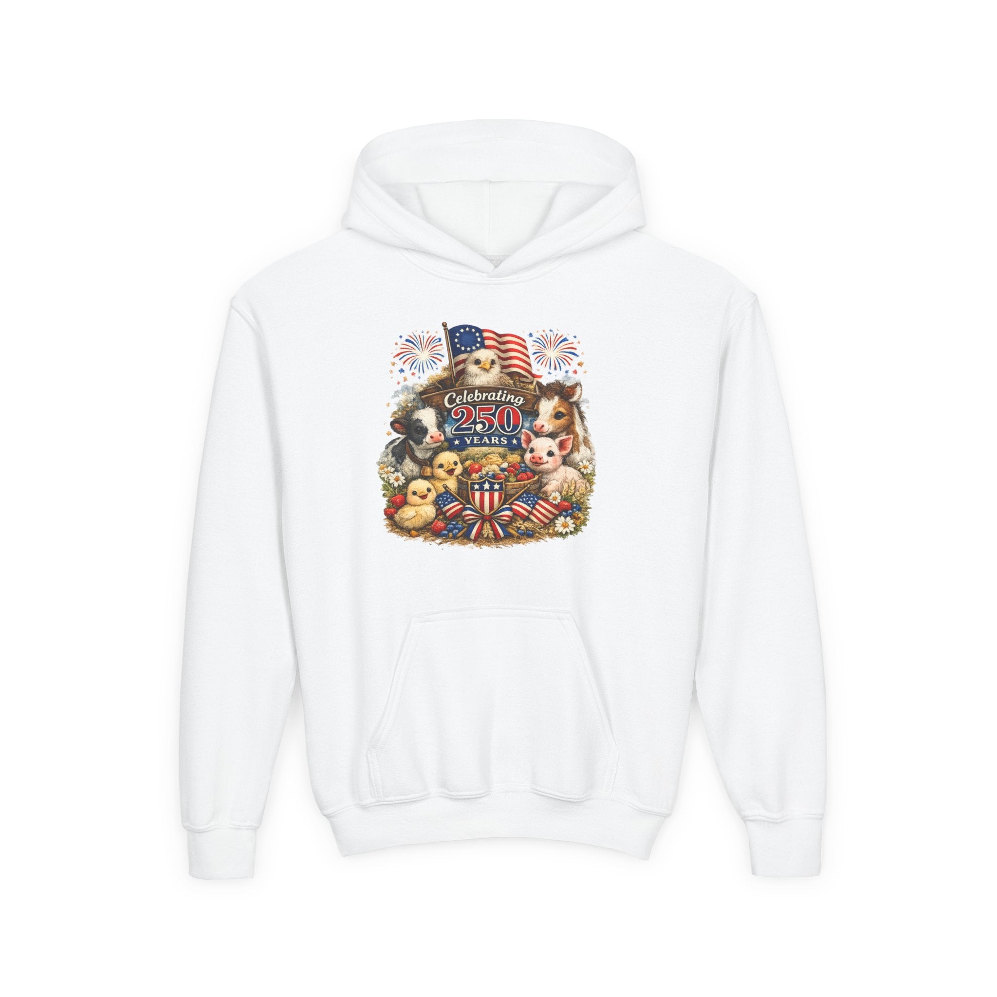 Youth 4th of July Hoodie - "Celebrate 250 Years" Cute Patriotic Animals Design