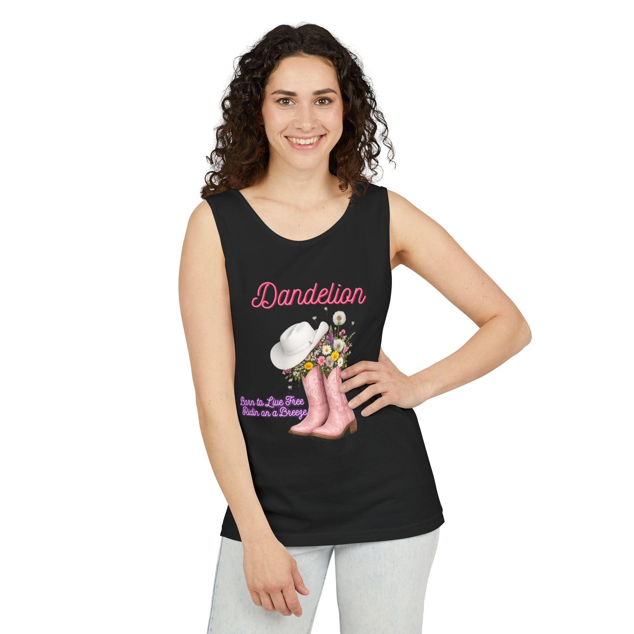 Dandelion Pink Cowboy Boots Tank Top — Floral Western Summer Tee