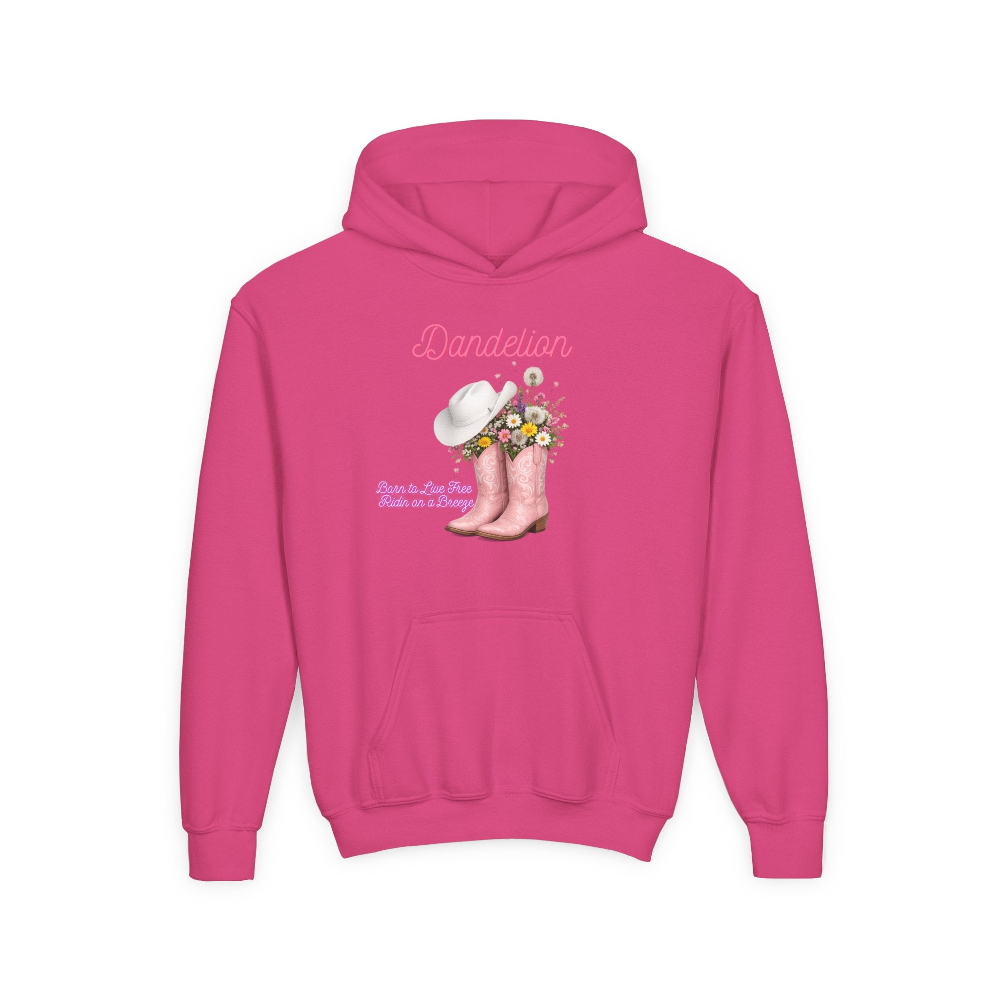 Dandelion Youth Hoodie – Pink Cowboy Boots & Flower Bouquet Kids Sweatshirt