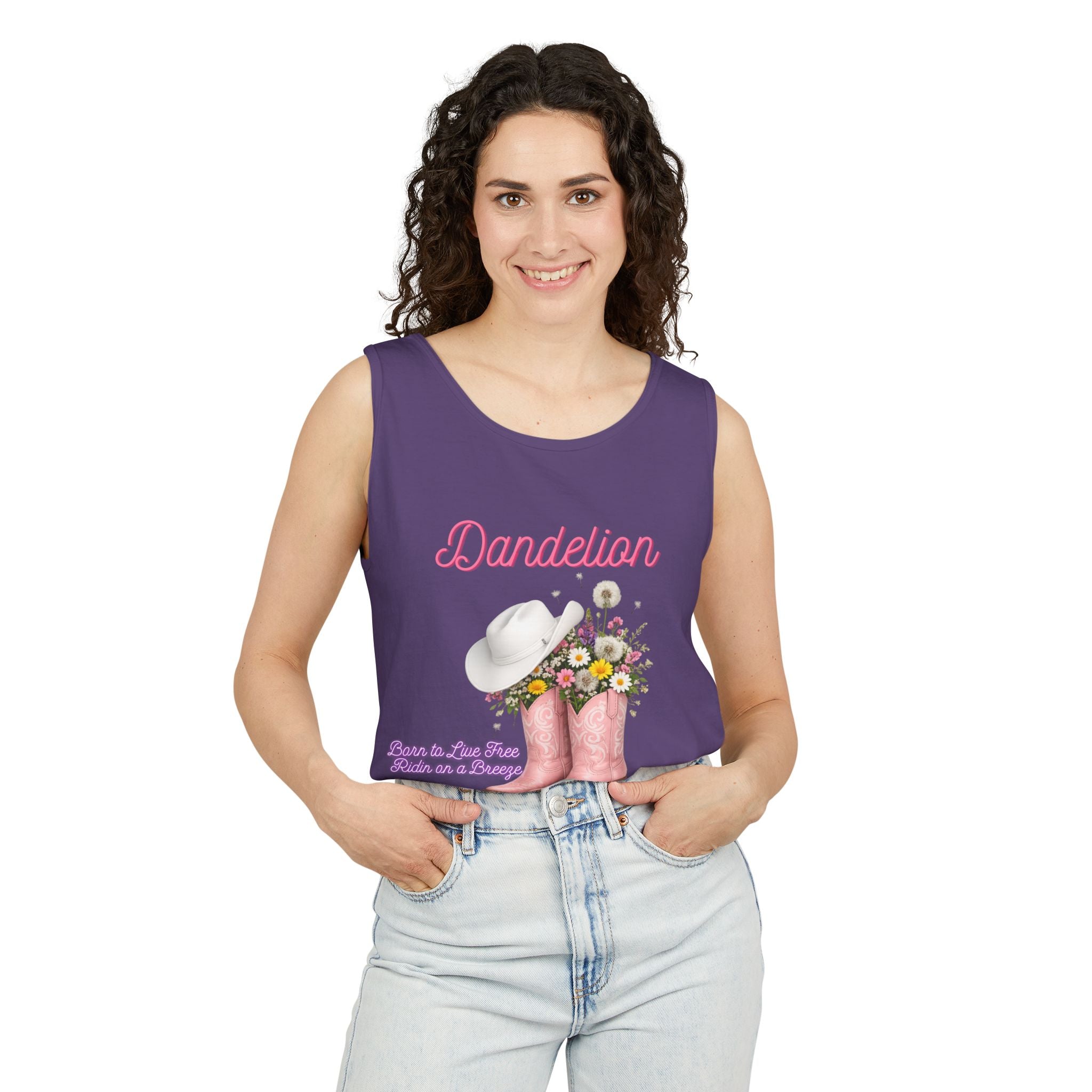 Dandelion Pink Cowboy Boots Tank Top — Floral Western Summer Tee