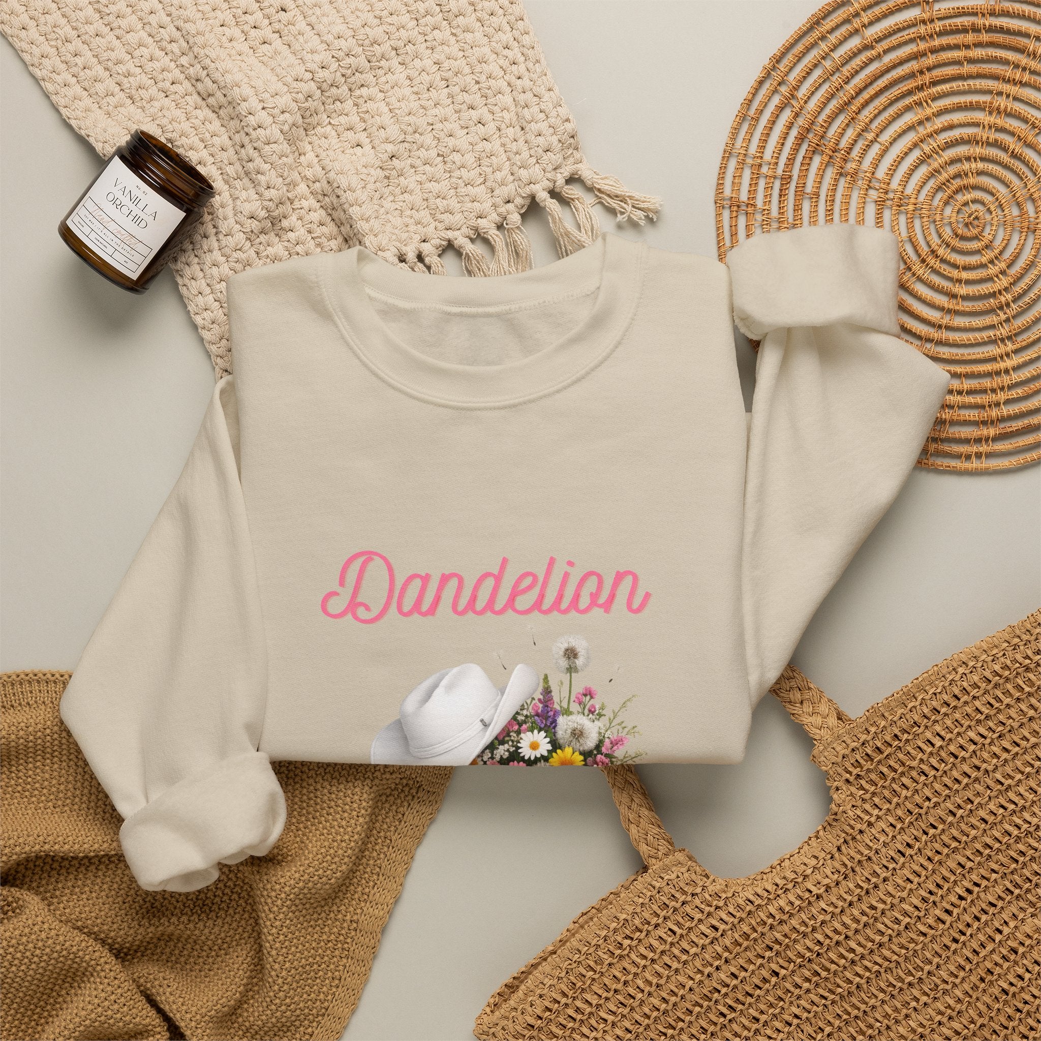 Dandelion Floral Cowboy Boots Sweatshirt – Pink Western Hat & Flowers Crewneck