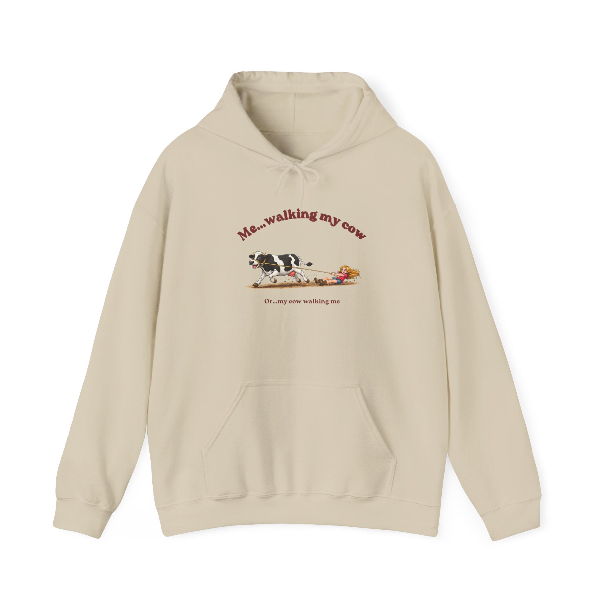 Hoodie — 'Me... walking my cow' Cute Cow Illustration Pullover-girl
