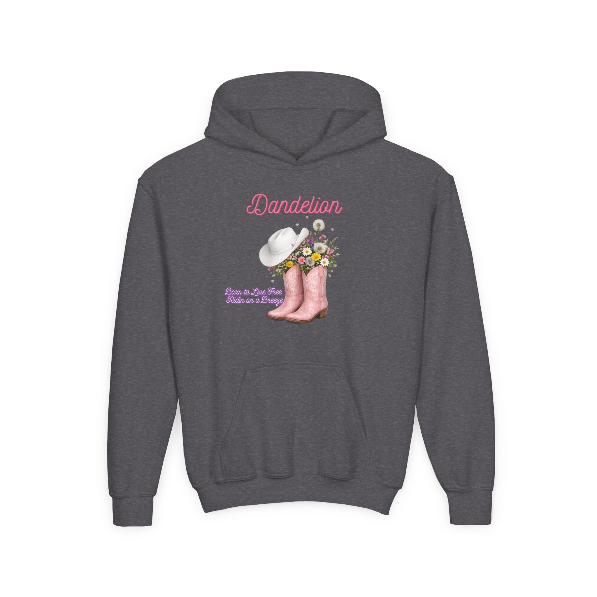 Dandelion Youth Hoodie – Pink Cowboy Boots & Flower Bouquet Kids Sweatshirt