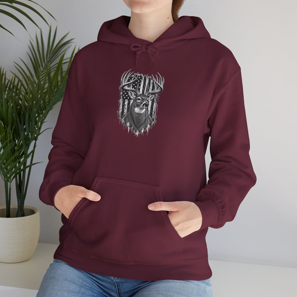 Buck Deer Hoodie with Distressed American Flag, Black Pullover Sweatshirt