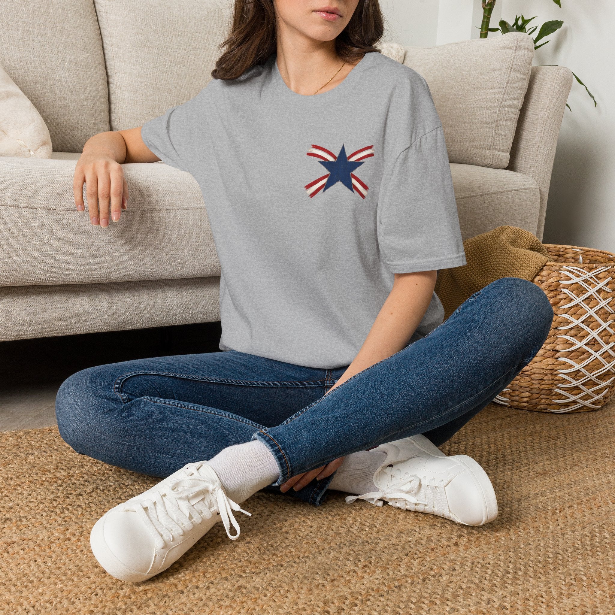 Patriotic Star Tee — Small Distressed Navy Star with Red Stripes