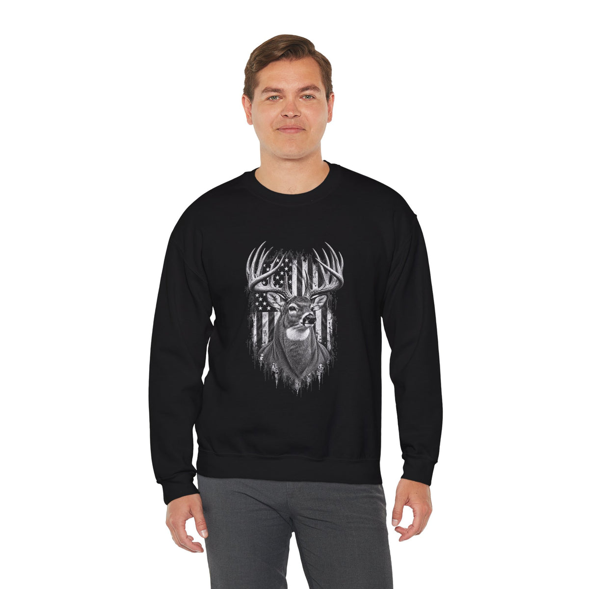 Deer Crewneck Sweatshirt with Distressed American Flag and Black and White Buck Design