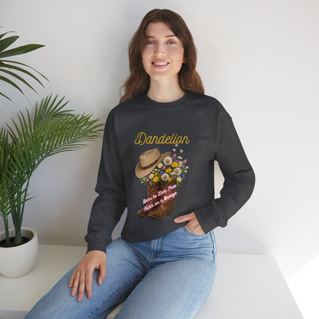 Dandelion Cowboy Boots & Hat Sweatshirt — Floral Western Crewneck