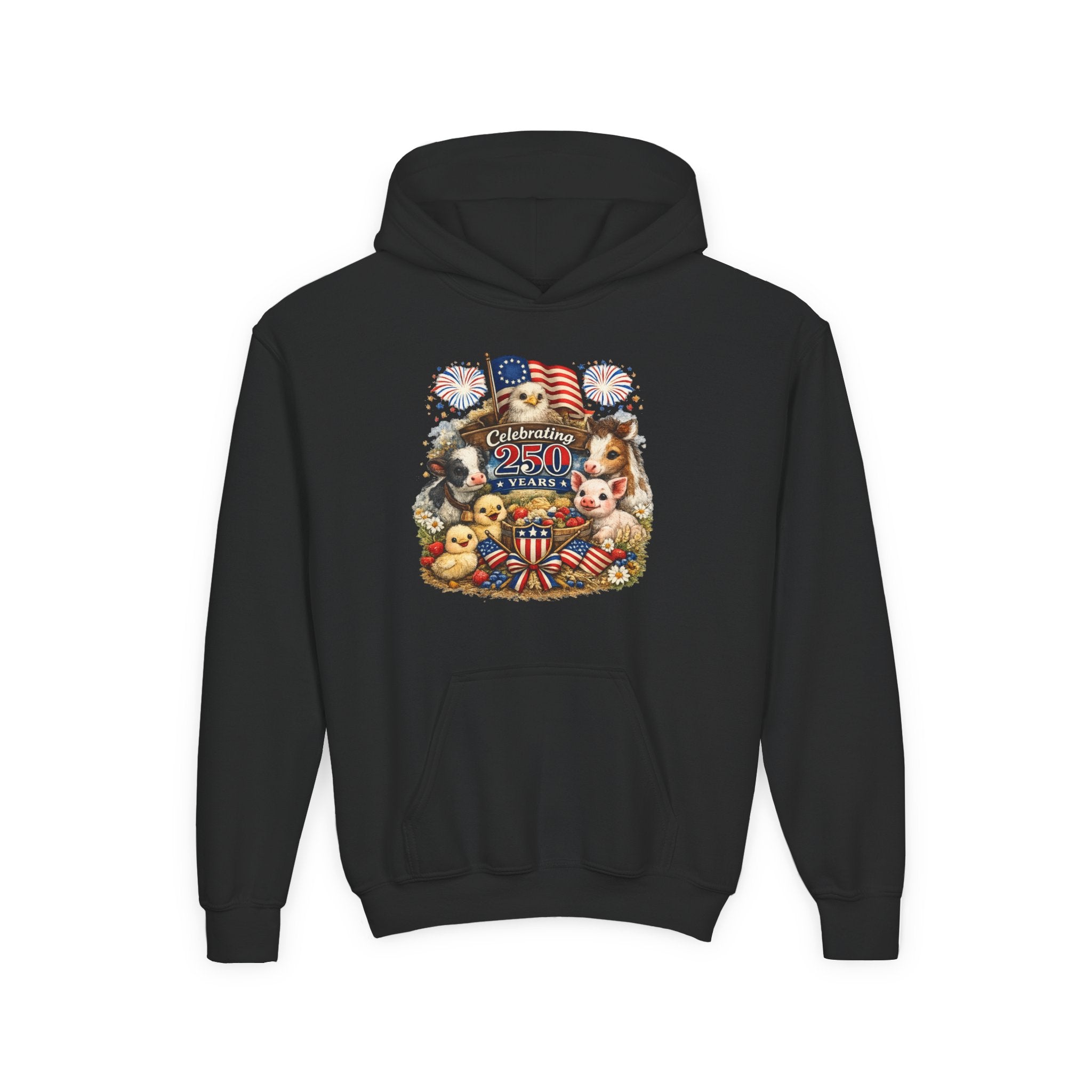 Youth 4th of July Hoodie - "Celebrate 250 Years" Cute Patriotic Animals Design