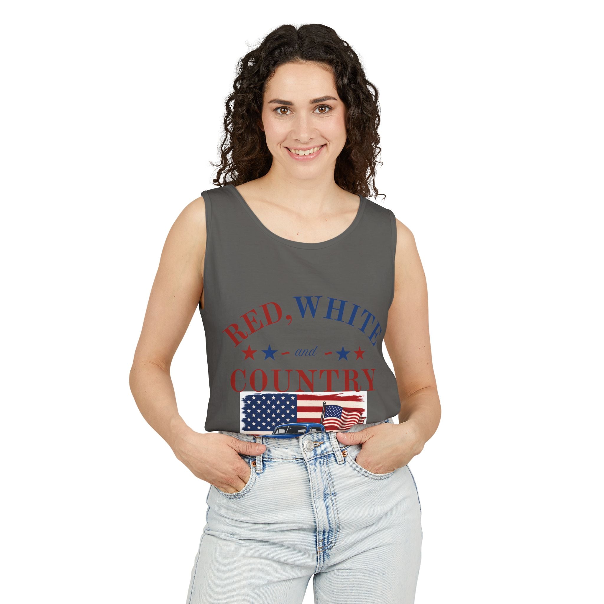 Patriotic Tank Top – "Red, White and Country" Vintage Truck | "Land of the Free" 4th of July Tank