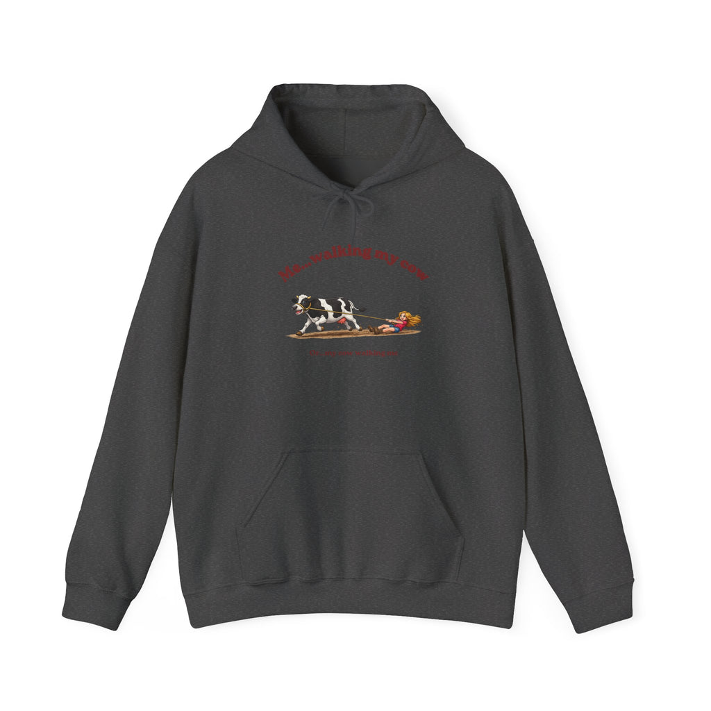 Hoodie — 'Me... walking my cow' Cute Cow Illustration Pullover-girl
