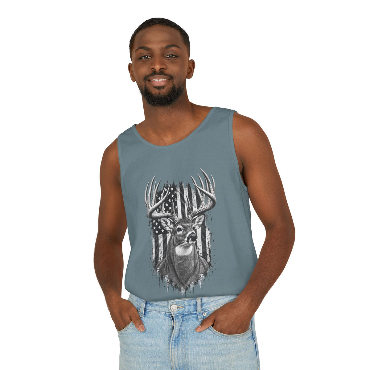 Buck Deer American Flag Tank Top, Garment-Dyed Cotton, Relaxed Fit