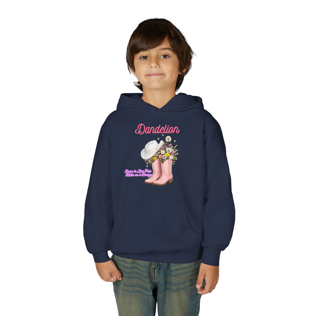 Dandelion Youth Hoodie – Pink Cowboy Boots & Flower Bouquet Kids Sweatshirt