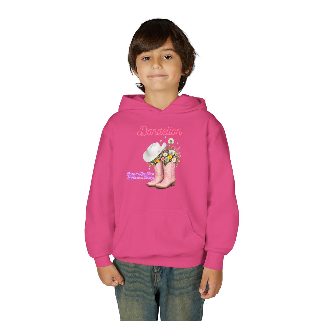 Dandelion Youth Hoodie – Pink Cowboy Boots & Flower Bouquet Kids Sweatshirt
