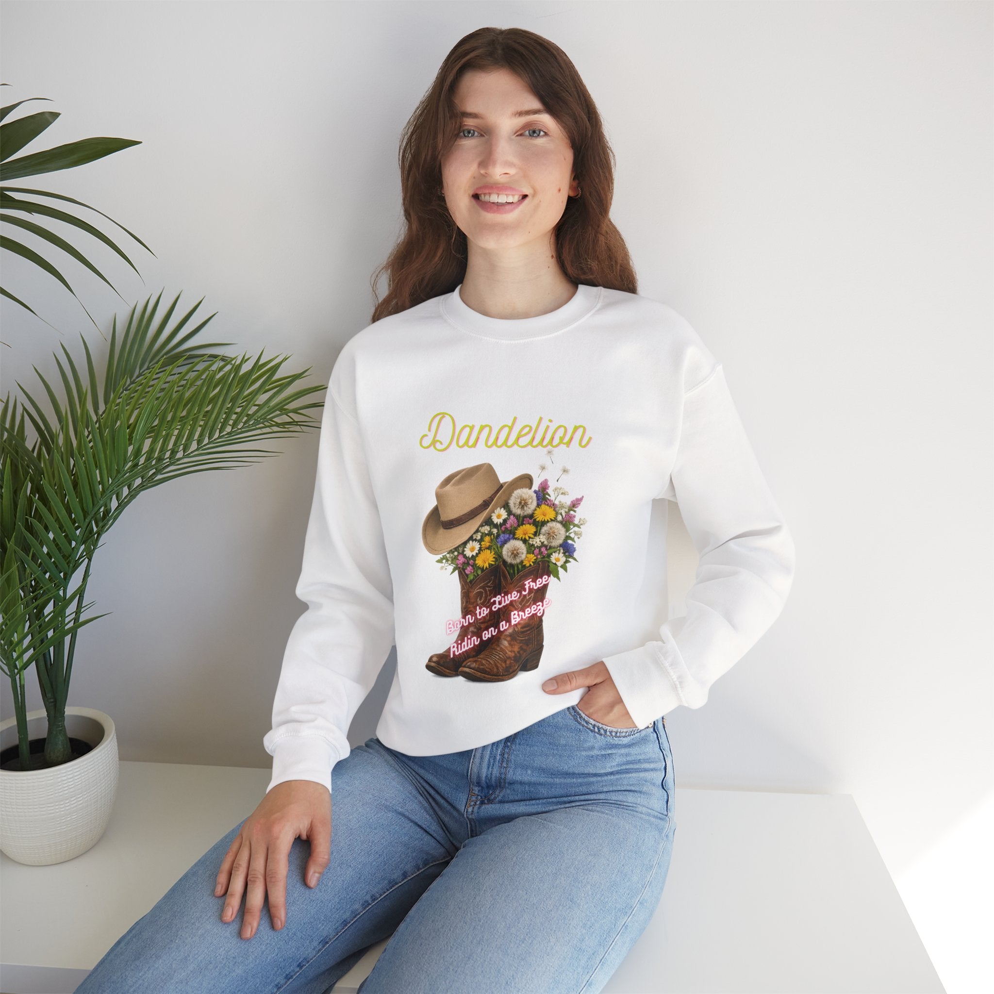 Dandelion Cowboy Boots & Hat Sweatshirt — Floral Western Crewneck