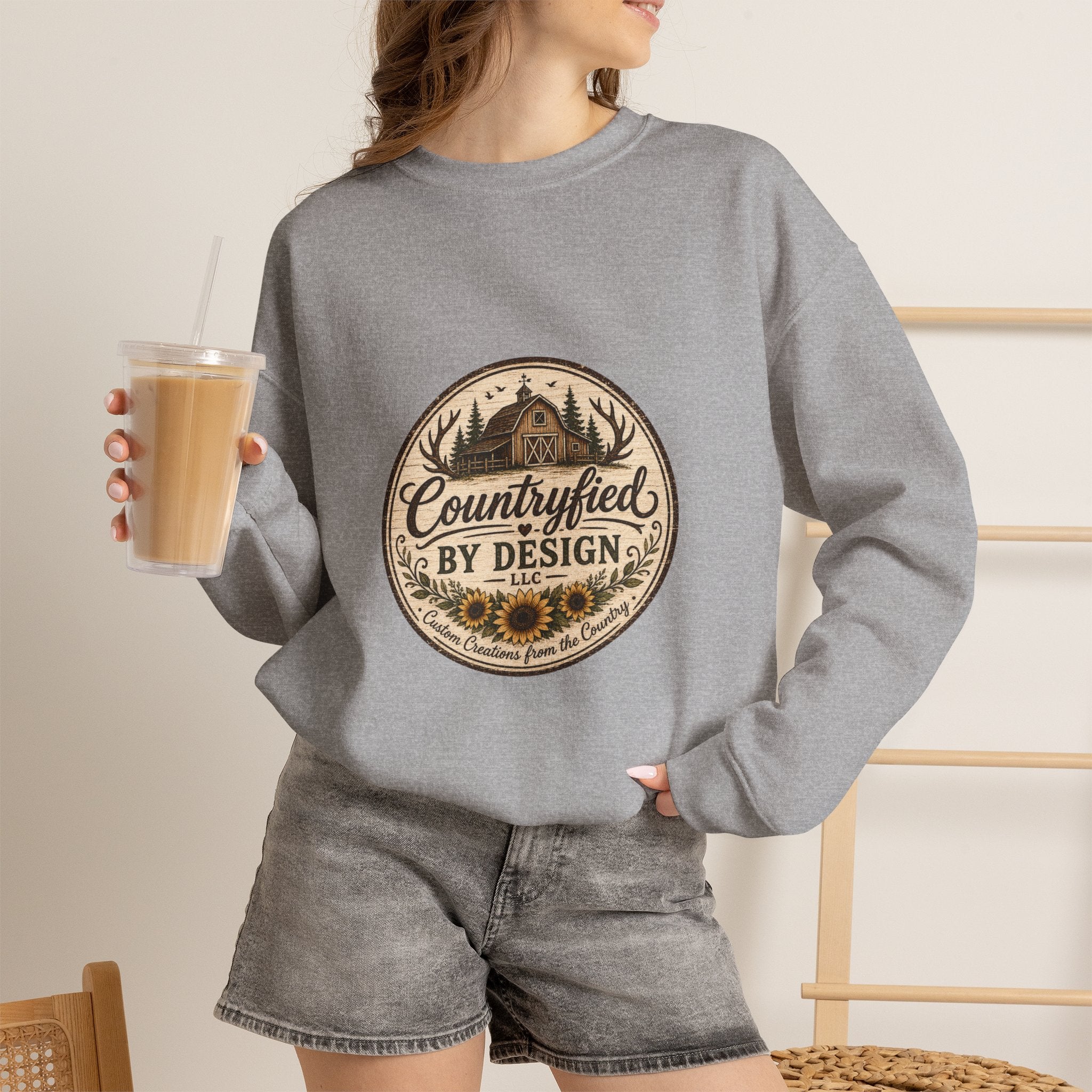 Countryfied By Design Crewneck Sweatshirt — Rustic Farmhouse Graphic Pullover