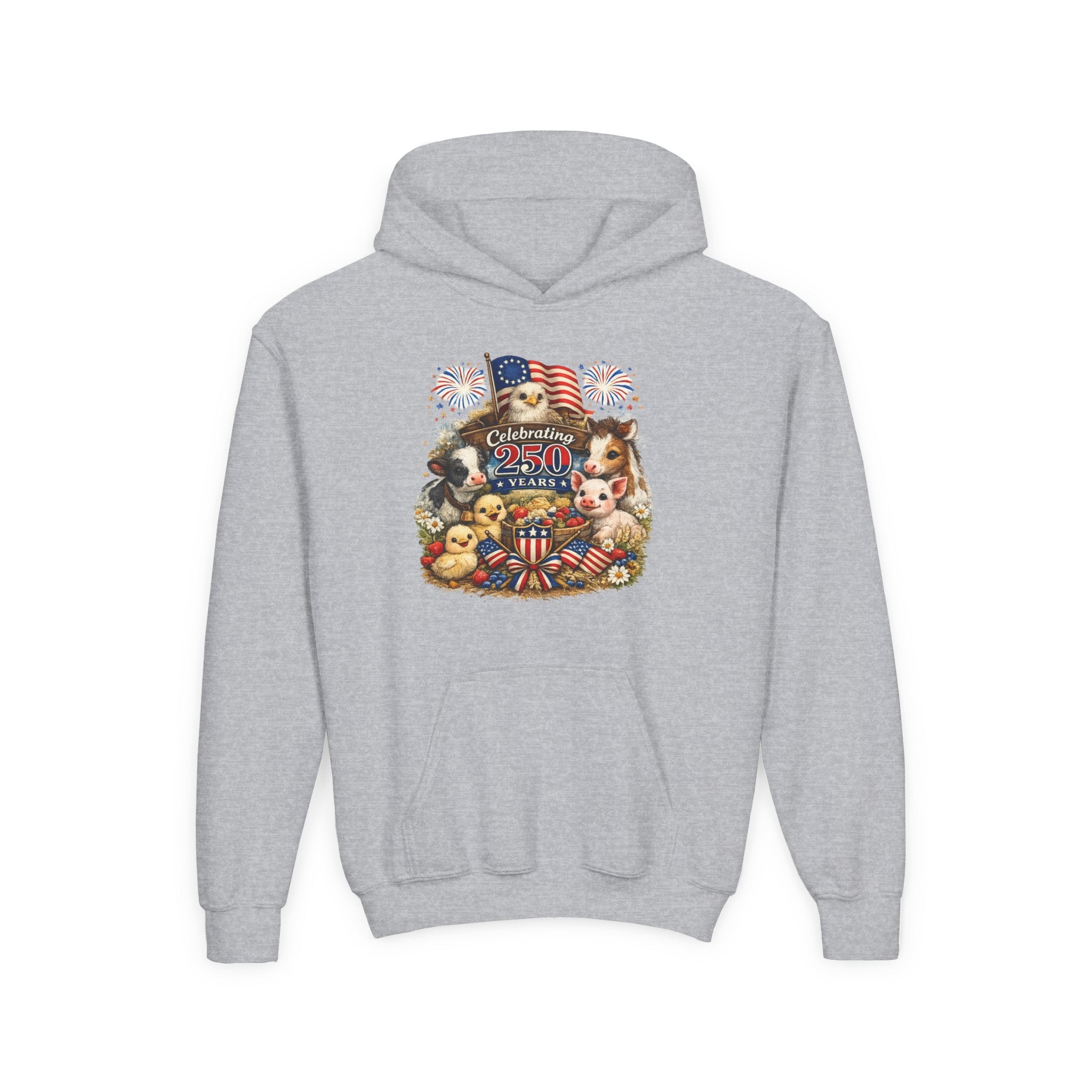 Youth 4th of July Hoodie - "Celebrate 250 Years" Cute Patriotic Animals Design